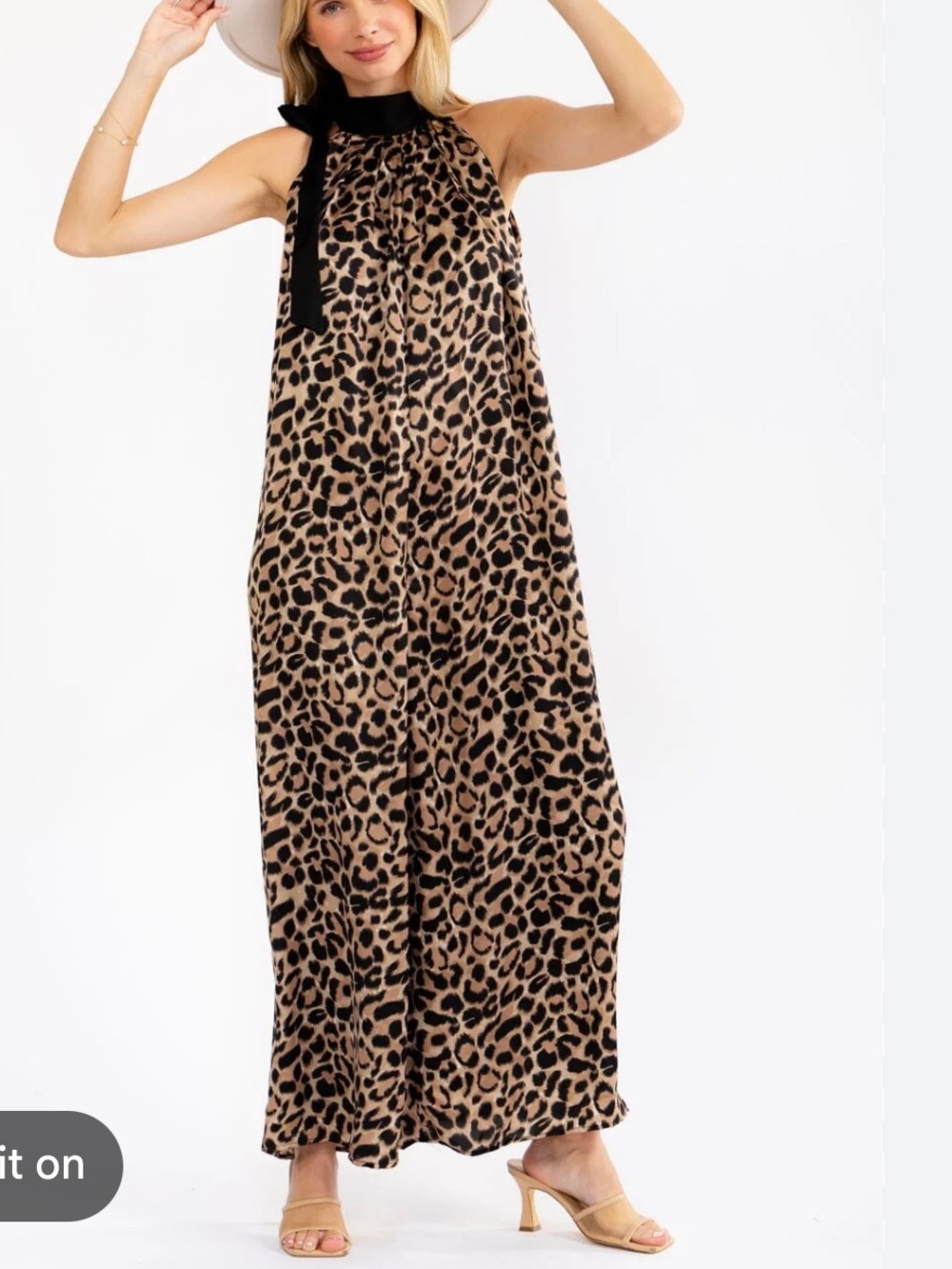 NWOT Hers & Mine Leopard Print Halter Wide Leg Jumpsuit with Black Tie Neck S